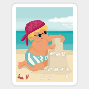 Cute little boy is on vacation building a sand castle on the beach Sticker